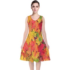 Autumn Background Maple Leaves V-neck Midi Sleeveless Dress  by artworkshop