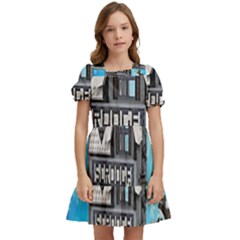 Winter Village Snow Brick Buildings Kids  Puff Sleeved Dress by artworkshop