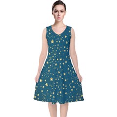 Star Golden Pattern Christmas Design White Gold V-neck Midi Sleeveless Dress  by Ravend