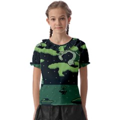 Ship Sea Monster Boat Island Night Pixel Kids  Frill Chiffon Blouse by Pakemis