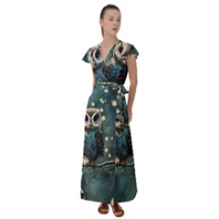 Owl Bird Bird Of Prey Ornithology Animal Flutter Sleeve Maxi Dress by Pakemis