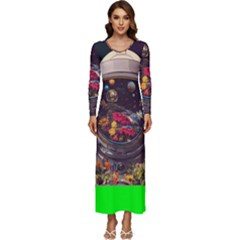 Astronaut Universe Planting Flowers Cosmos Jpg Long Sleeve Velour Longline Maxi Dress by Pakemis