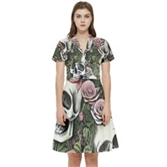 Skulls Roses Wallpaper Garden Artwork Short Sleeve Waist Detail Dress by Pakemis
