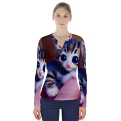 Cute Kitten Kitten Animal Wildlife 3d V-neck Long Sleeve Top by Pakemis
