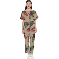 Tattoos Colorful Seamless Pattern Batwing Lightweight Chiffon Jumpsuit by Pakemis