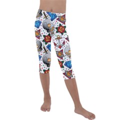 Full Color Flash Tattoo Patterns Kids  Lightweight Velour Capri Leggings  by Pakemis