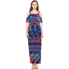 Background With Violet Blue Tropical Leaves Draped Sleeveless Chiffon Jumpsuit by Pakemis