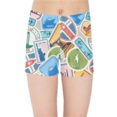 Travel Pattern Immigration Stamps Stickers With Historical Cultural Objects Travelling Visa Immigran Kids  Sports Shorts by Pakemis