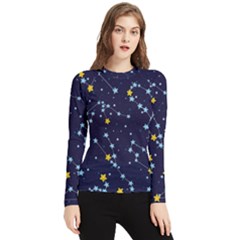 Seamless Pattern With Cartoon Zodiac Constellations Starry Sky Women s Long Sleeve Rash Guard by Pakemis