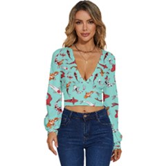 Pattern-with-koi-fishes Long Sleeve Deep-v Velour Top by Pakemis