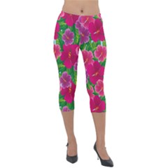 Background-cute-flowers-fuchsia-with-leaves Lightweight Velour Capri Leggings  by Pakemis