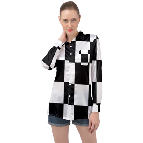 Grid-domino-bank-and-black Long Sleeve Satin Shirt by BangZart