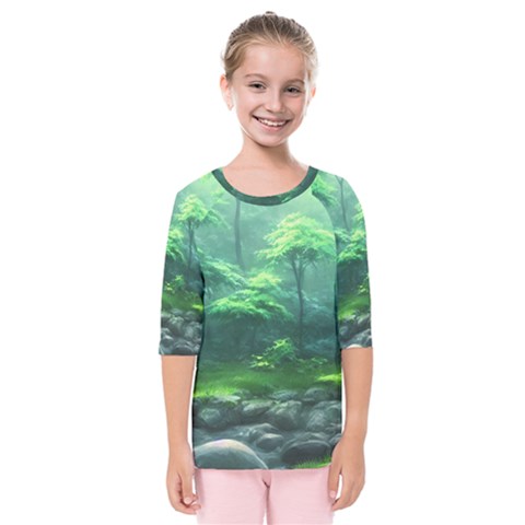River Forest Woods Nature Rocks Japan Fantasy Kids  Quarter Sleeve Raglan Tee by Uceng