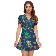 Colorful Funny Christmas Pattern V-neck High Waist Chiffon Mini Dress by Uceng