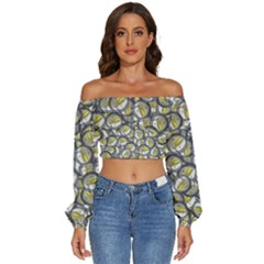 Gong Instrument Motif Pattern Long Sleeve Crinkled Weave Crop Top by dflcprintsclothing