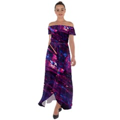 Space Futuristic Shiny Abstraction Off Shoulder Open Front Chiffon Dress by Pakemis