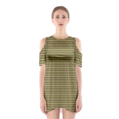 Golden Striped Decorative Pattern Shoulder Cutout One Piece Dress by dflcprintsclothing