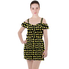 Yellow Lemon And Slices Black Ruffle Cut Out Chiffon Playsuit by FunDressesShop