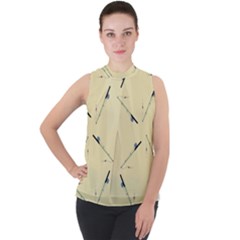 Fishing Rods Pattern Brown Mock Neck Chiffon Sleeveless Top by TetiBright