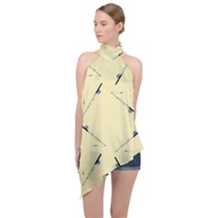 Fishing Rods Pattern Brown Halter Asymmetric Satin Top by TetiBright