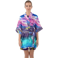 Fantasy Japan Mountains Cherry Blossoms Nature Half Sleeve Satin Kimono  by Uceng