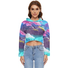 Fantasy Japan Mountains Cherry Blossoms Nature Women s Lightweight Cropped Hoodie by Uceng