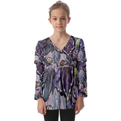 Dark Leaves Kids  V Neck Casual Top by DinkovaArt