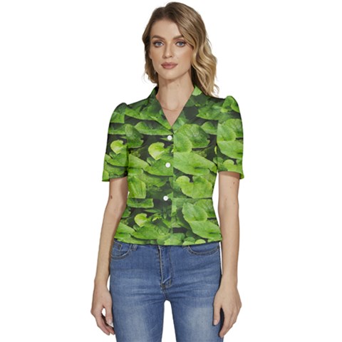 Layered Plant Leaves Iphone Wallpaper Puffed Short Sleeve Button Up Jacket by artworkshop