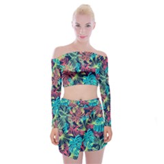 Neon Leaves Off Shoulder Top With Mini Skirt Set by fructosebat