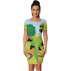 Mother And Daughter Yoga Art Celebrating Motherhood And Bond Between Mom And Daughter  Fitted Knot Split End Bodycon Dress by SymmekaDesign
