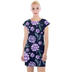 Elegant Purple Pink Peonies In Dark Blue Background Cap Sleeve Bodycon Dress by augustinet