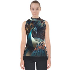 Peacock Bird Feathers Colorful Texture Abstract Mock Neck Shell Top by Pakemis