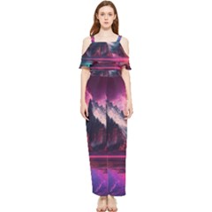 Ai Generated Mountain Ocean Lava Fire Sky Sea Draped Sleeveless Chiffon Jumpsuit by Pakemis