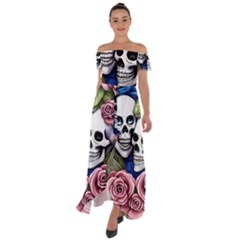 Skulls And Flowers Off Shoulder Open Front Chiffon Dress by GardenOfOphir