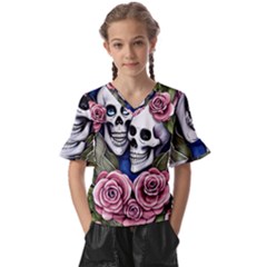 Skulls And Flowers Kids  V-neck Horn Sleeve Blouse by GardenOfOphir