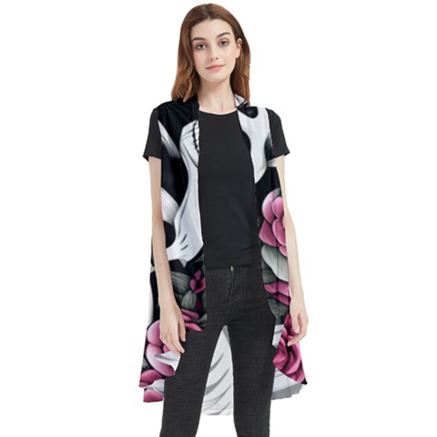 Black And White Rose Sugar Skull Sleeveless Chiffon Waistcoat Shirt by GardenOfOphir