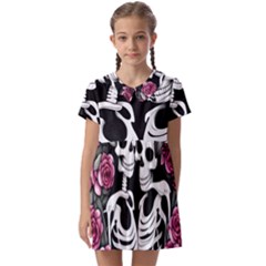 Black And White Rose Sugar Skull Kids  Asymmetric Collar Dress by GardenOfOphir