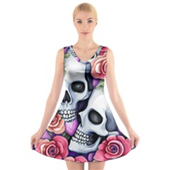 Floral Skeletons V-neck Sleeveless Dress by GardenOfOphir