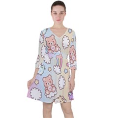 Pusheen Carebears Bears Cat Colorful Cute Pastel Pattern Quarter Sleeve Ruffle Waist Dress by Sapixe
