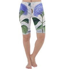 Blue Hydrangea Flower Painting Vintage Shabby Chic Dragonflies Cropped Leggings  by danenraven