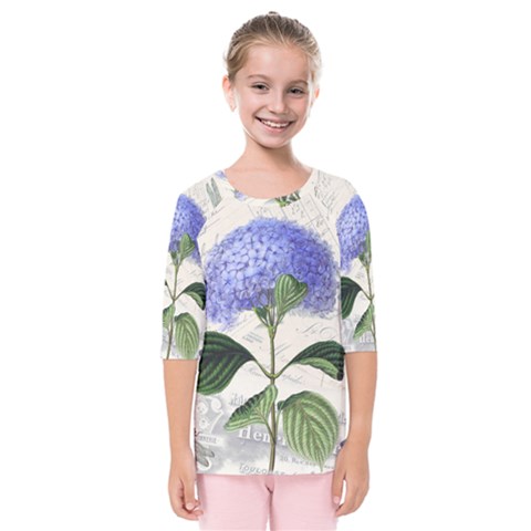 Blue Hydrangea Flower Painting Vintage Shabby Chic Dragonflies Kids  Quarter Sleeve Raglan Tee by danenraven