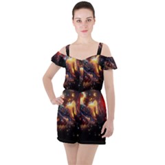 Nebula Galaxy Stars Astronomy Ruffle Cut Out Chiffon Playsuit by Uceng