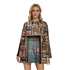 Books Round Neck Long Sleeve Bohemian Style Chiffon Mini Dress by artworkshop