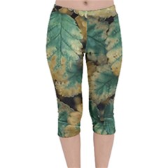 Colored Close Up Plants Leaves Pattern Velvet Capri Leggings  by dflcprintsclothing