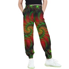 Fractal Green Red Spiral Happiness Vortex Spin Kids  Elastic Waist Pants by Ravend