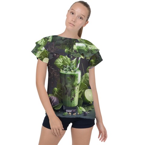 Ai Generated Drink Spinach Smooth Apple Ginger Ruffle Collar Chiffon Blouse by danenraven