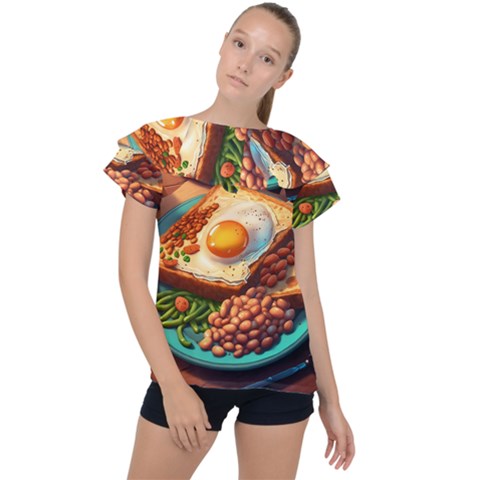 Ai Generated Breakfast Egg Beans Toast Plate Ruffle Collar Chiffon Blouse by danenraven