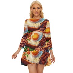 Ai Generated Breakfast Egg Beans Toast Plate Long Sleeve Babydoll Dress by danenraven