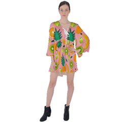 Fruits Tropical Pattern Design Art V-neck Flare Sleeve Mini Dress by Ravend