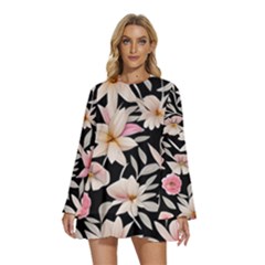 Botanical Flowers Round Neck Long Sleeve Bohemian Style Chiffon Mini Dress by GardenOfOphir